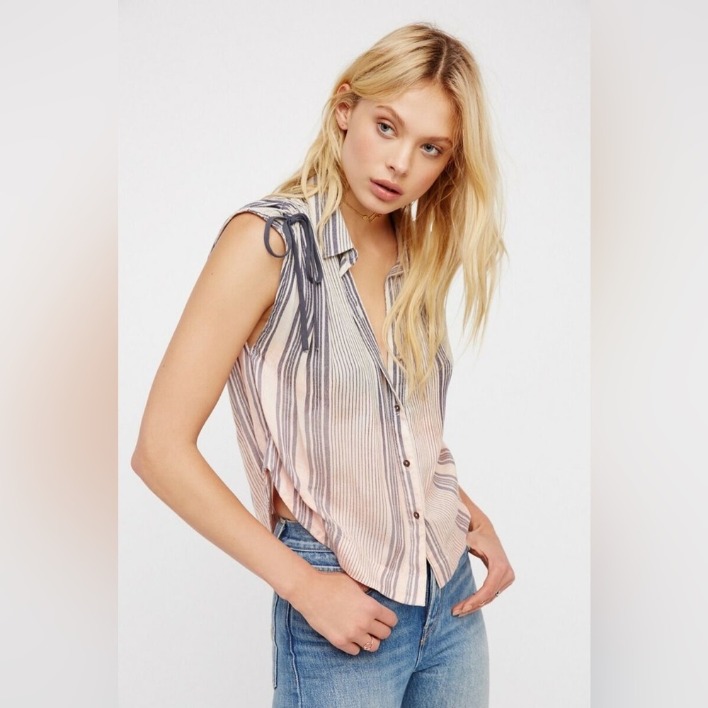 Free People Sz S Striped Sleeveless Button Down Shirt Dip Dye Pink